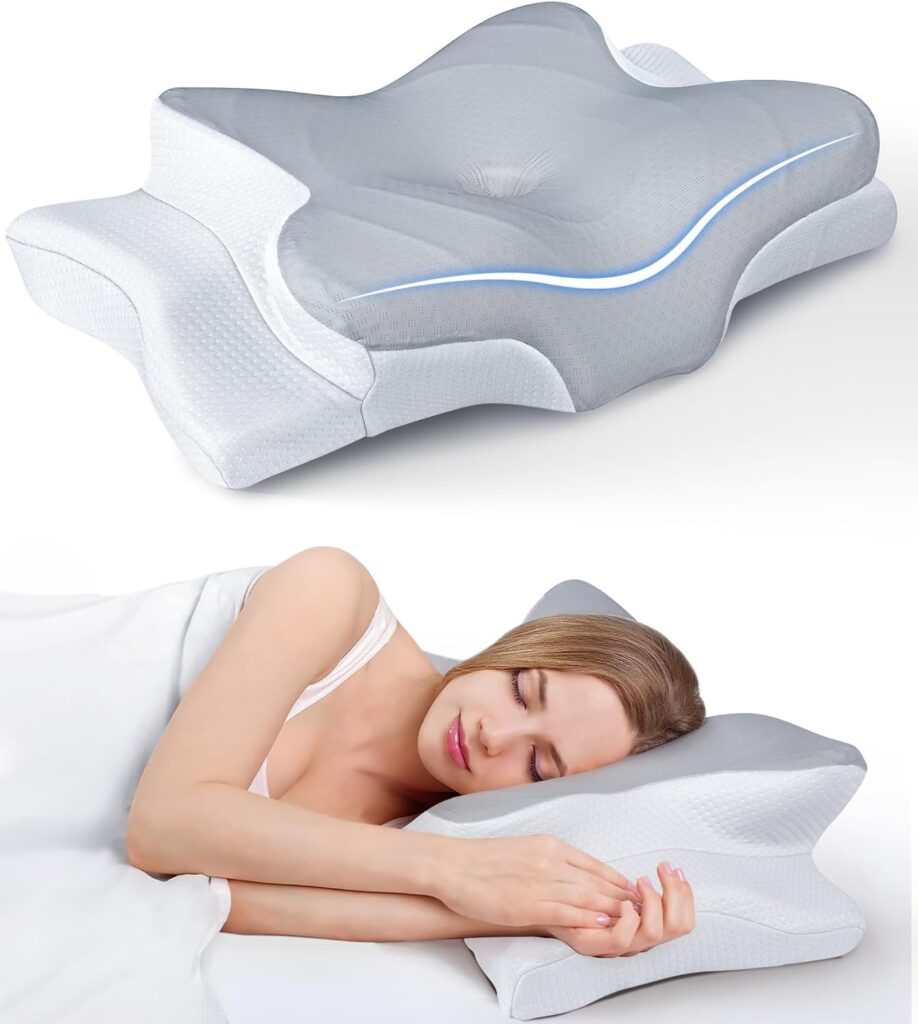 Adjustable cervical neck pillow supporting natural neck alignment during sleep.