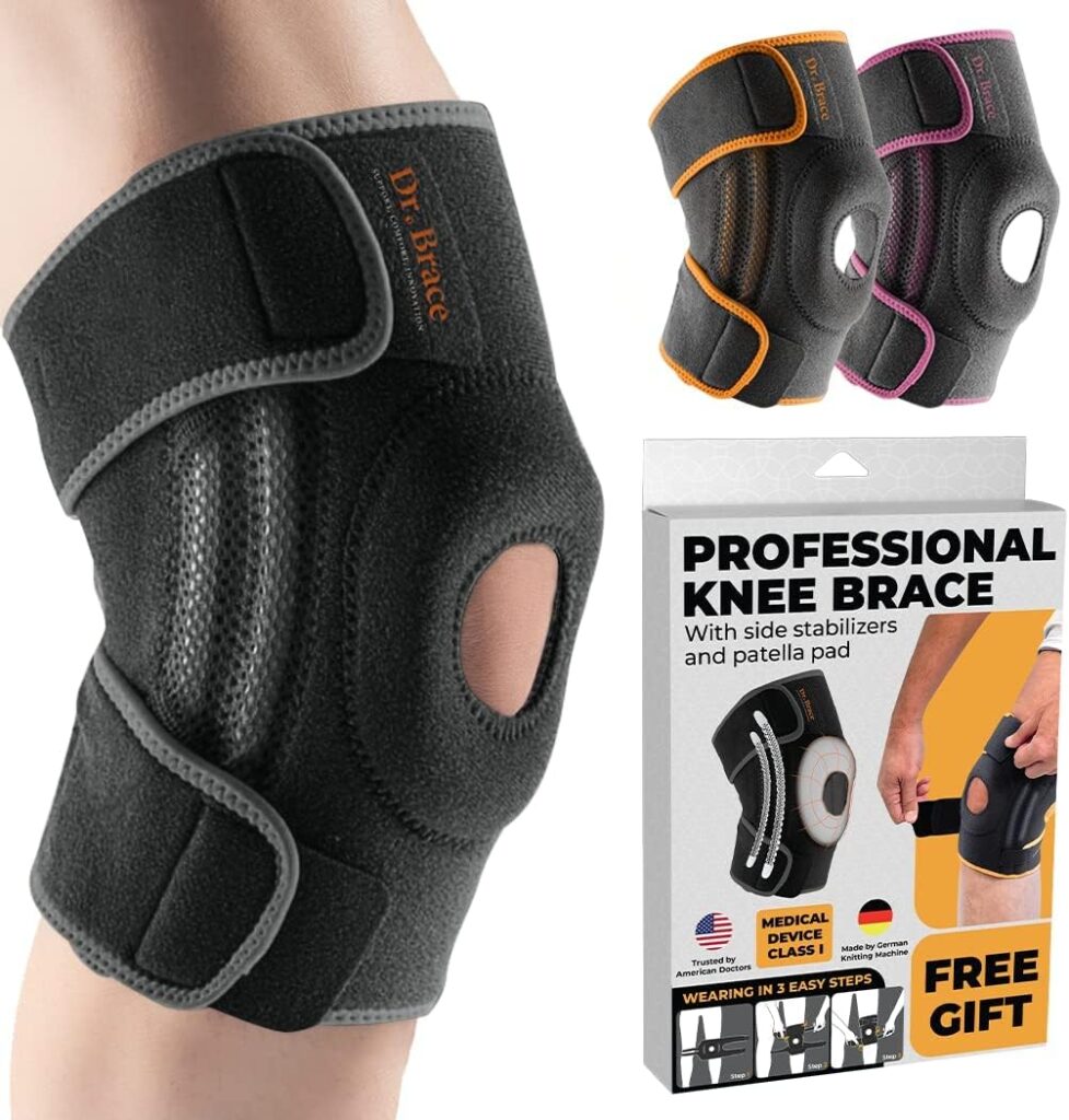 Structured knee support brace worn on the leg, designed to provide added stability during movement.