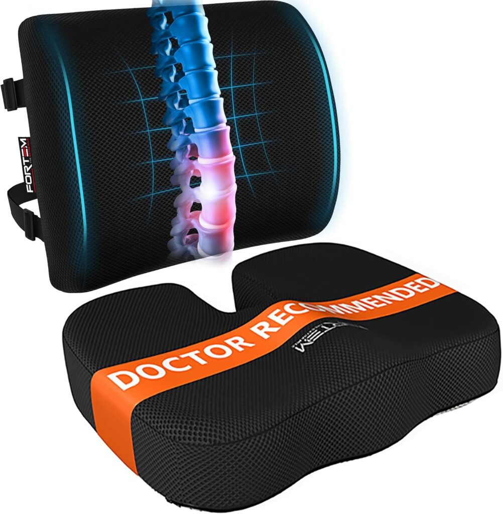 Memory foam seat cushion with lumbar support pillow placed on office chair for pressure relief