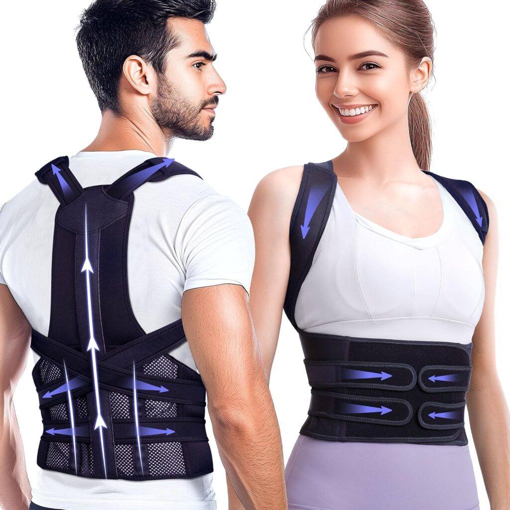 Full-back posture support brace worn on the upper body, designed to encourage upright alignment during daily activities.