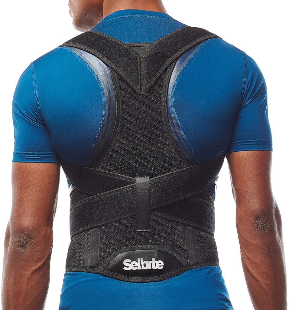 Adjustable posture corrector worn on the upper back to support upright sitting and standing posture.