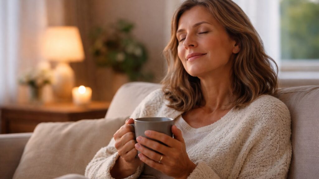 Calmness & Stress Relief Isn’t About Escaping Life, It’s About Softening How You Carry It Woman in her 40s enjoying a calm moment at home with a warm beverage.