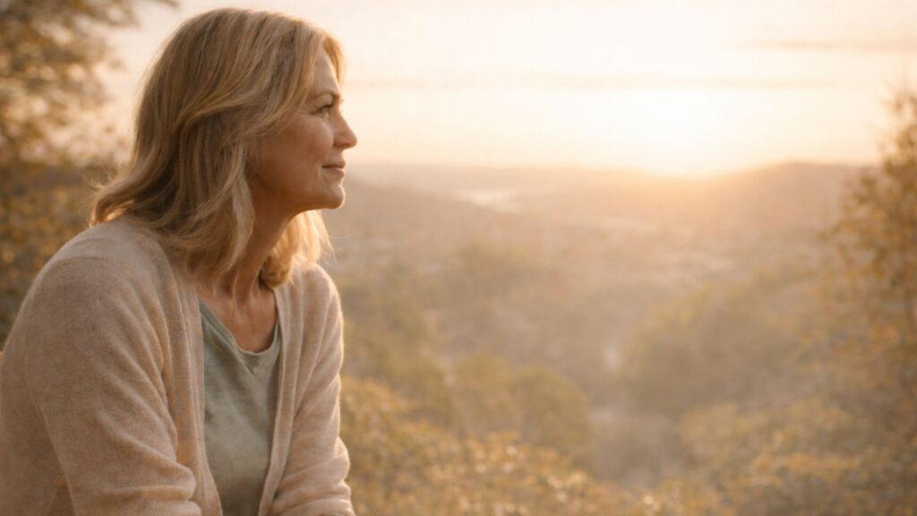 Anti-Aging Isn’t About Looking Younger, It’s About Feeling More Like Yourself Woman in her mid-40s enjoying soft morning light, reflecting on healthy and graceful aging.